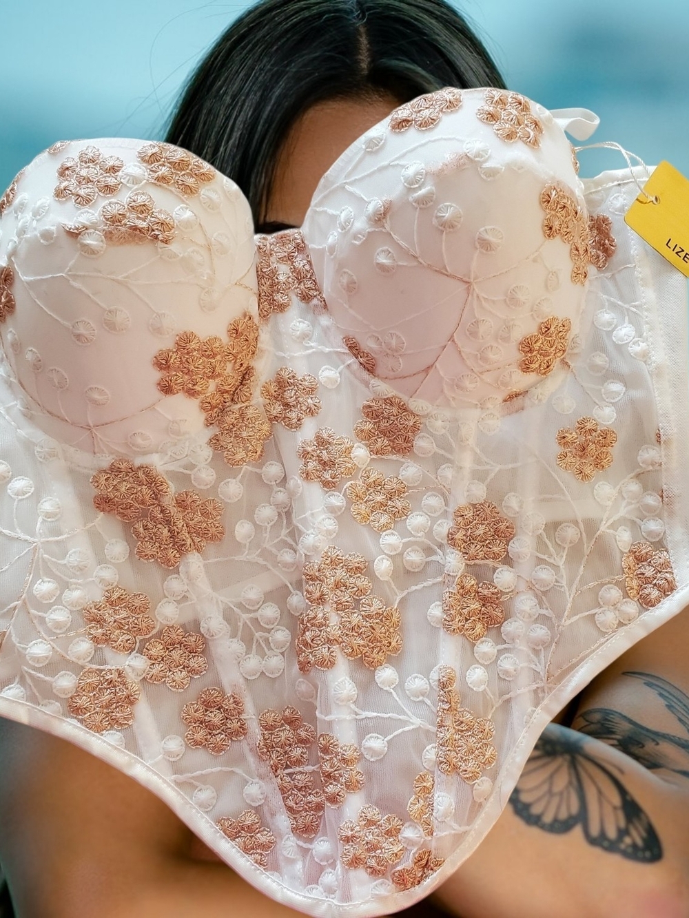 LIZETTE White Bandeau Bustier with Rose Gold Floral Embroidery